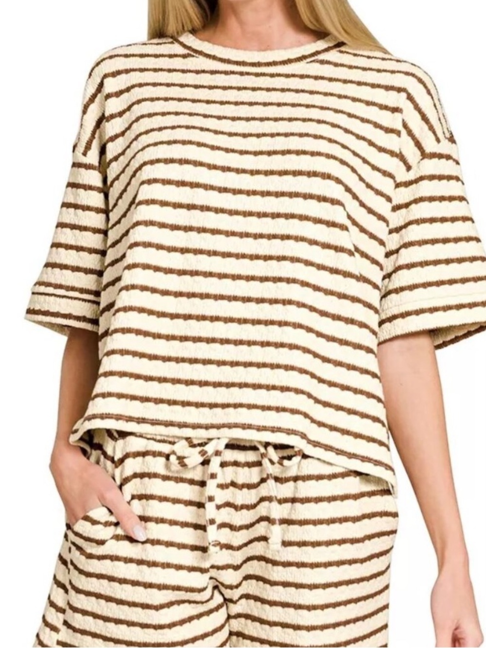 Zenana outfitters Matching set Minimalist Neutral Striped - Cream & Brown